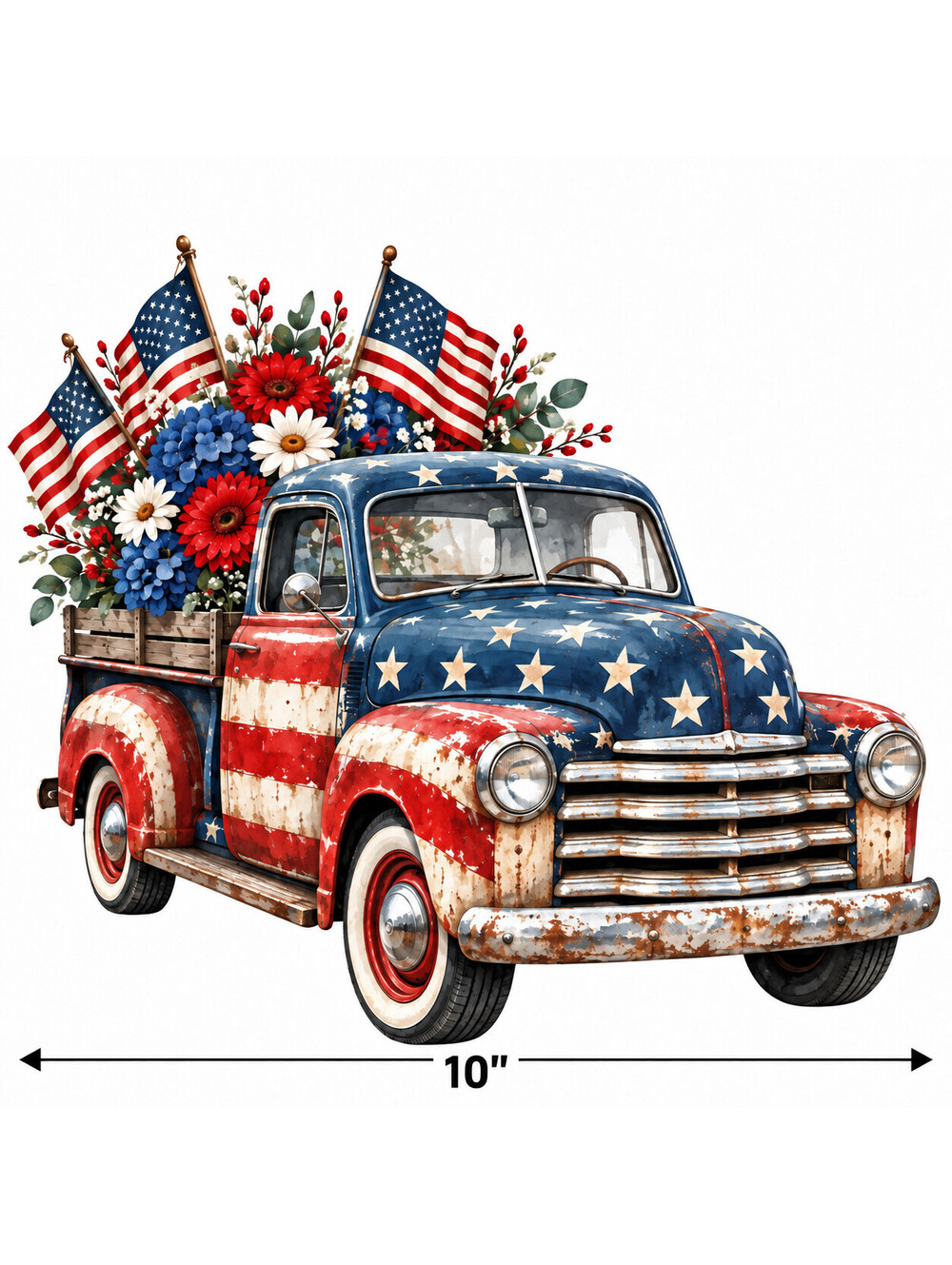 4pcs 10" Patriotic Vintage Truck DTF PNG Flag Flowers Iron On